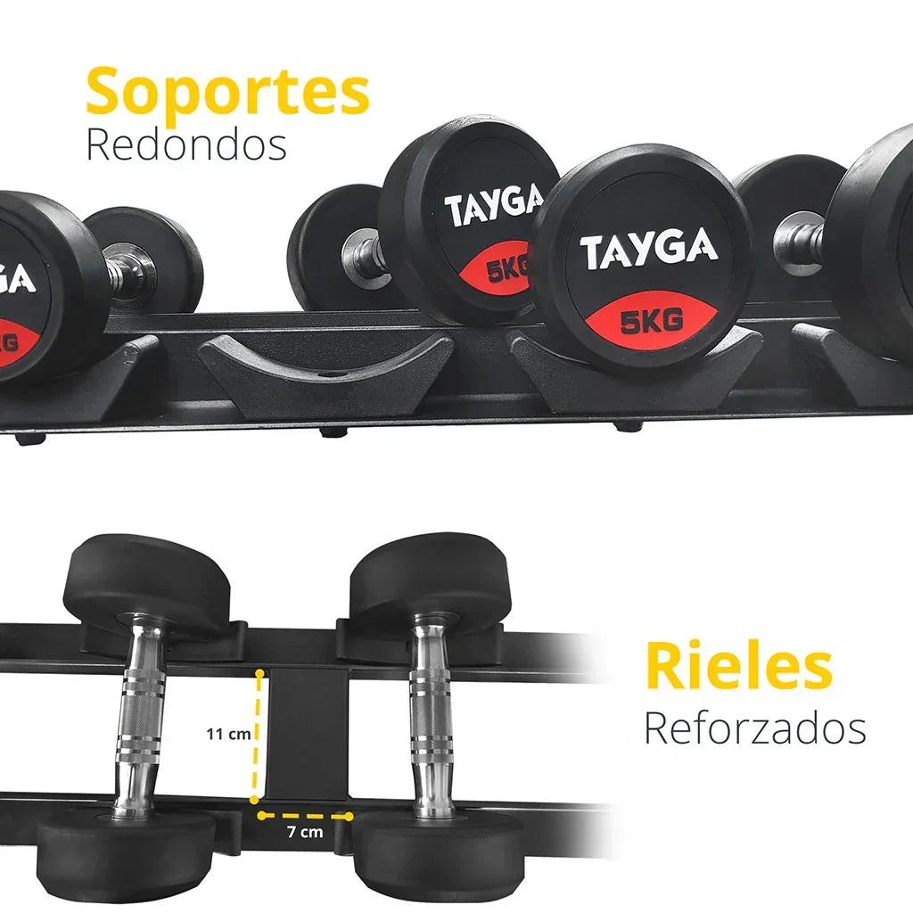 SET DE RACK CON 15 PARES DE MANCUERNAS PREMIUM DE 2.5 A 37.5 KG
