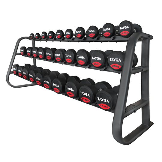 SET DE RACK CON 15 PARES DE MANCUERNAS PREMIUM DE 2.5 A 37.5 KG