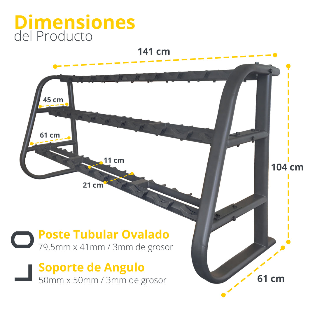 SET DE RACK CON 15 PARES DE MANCUERNAS PREMIUM DE 2.5 A 37.5 KG