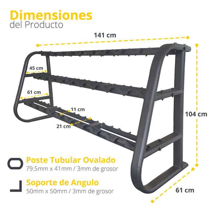 SET DE RACK CON 15 PARES DE MANCUERNAS PREMIUM DE 2.5 A 37.5 KG
